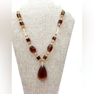 Artisan Amber Colored Teardrop and Silver Beaded Necklace
